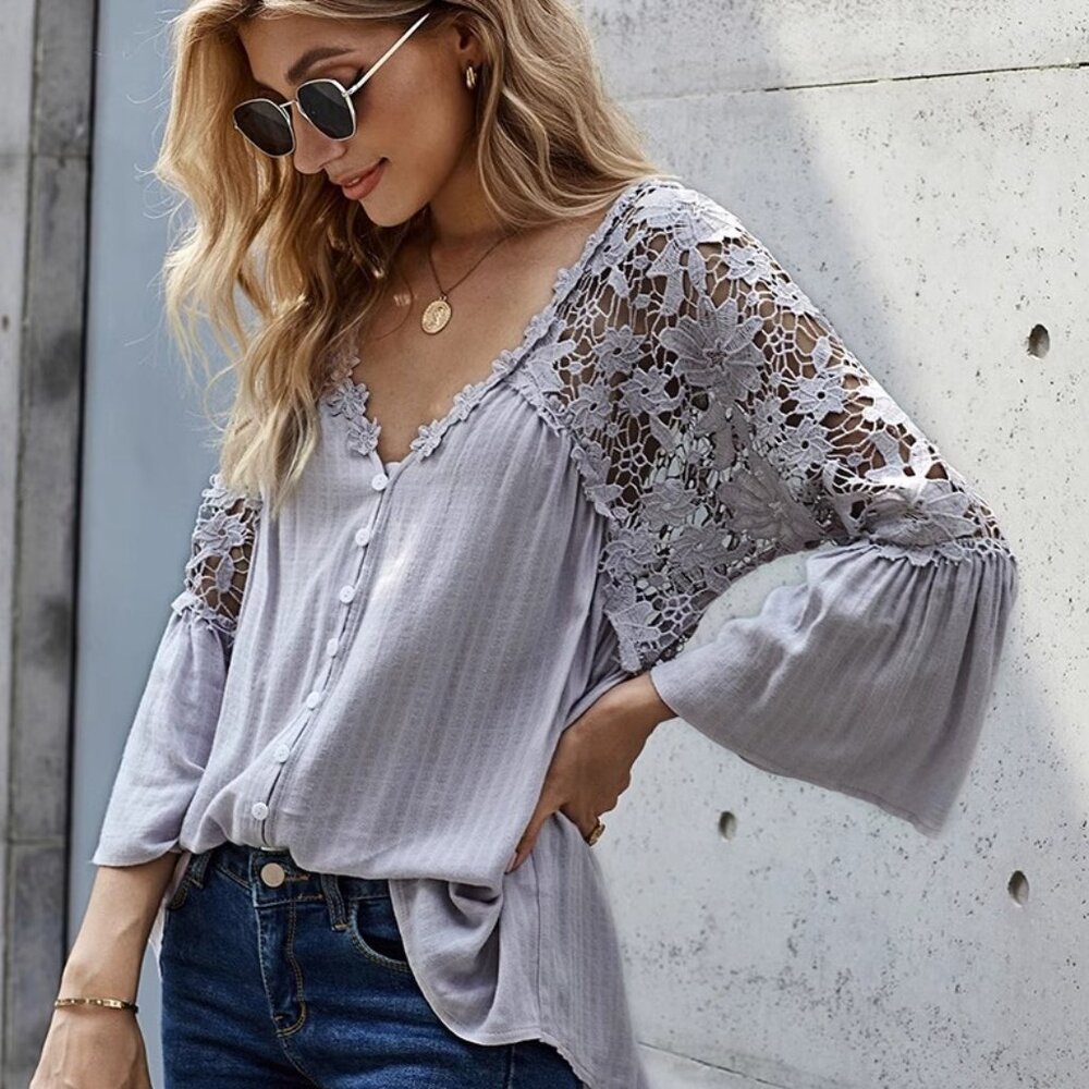 Autumn thin black lace shirt women's plus-size V-neck base top